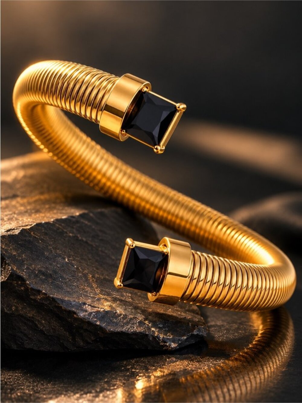 Gold tone Coil Bracelet with Black Square Stones - Picture 2 of 7